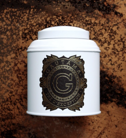 Th noir Earl Grey Lumbini royal dans son pot en mtal grav